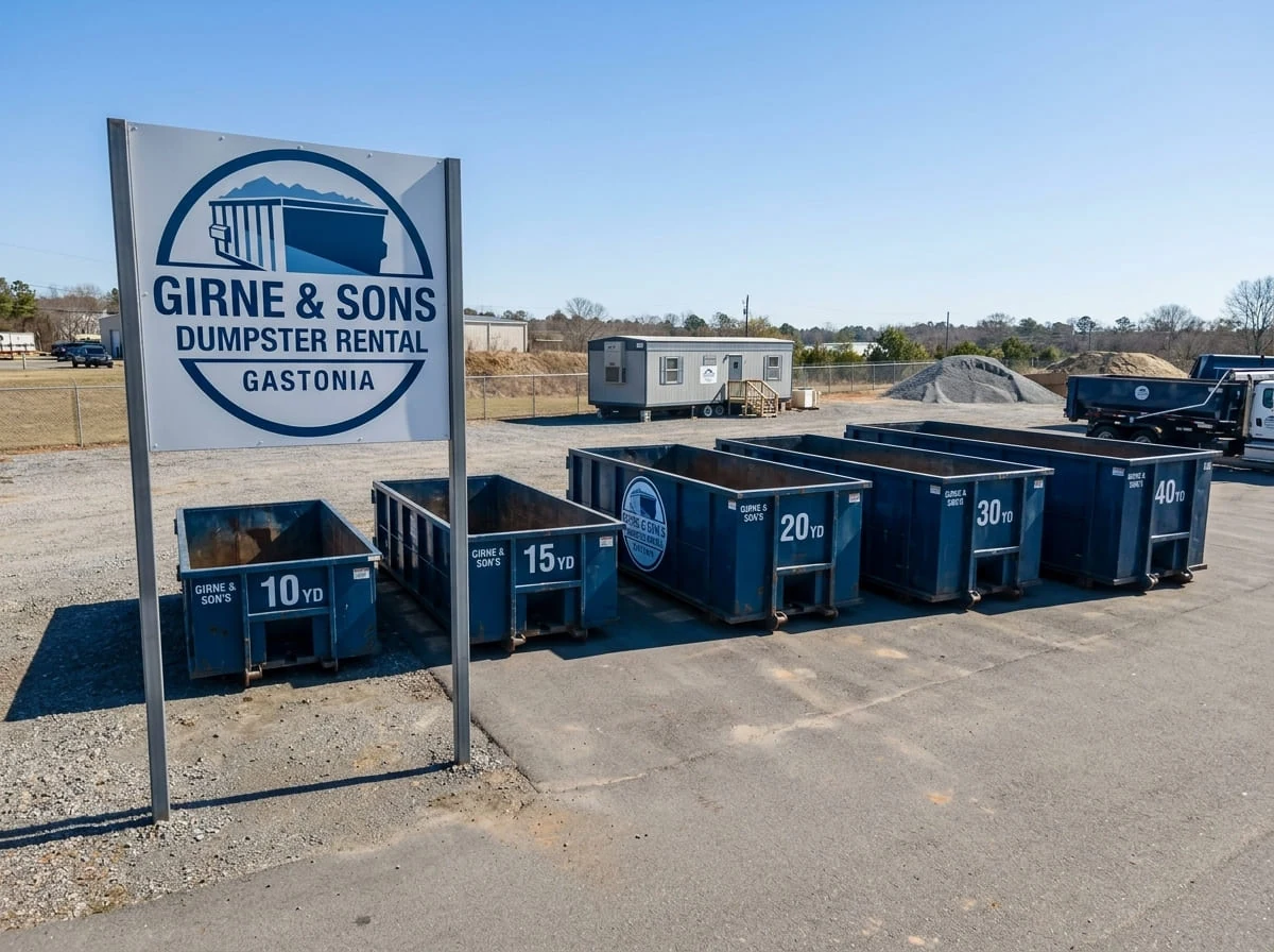 The full lineup of 10, 15, 20, 30 and 40 yard roll-off dumpsters available from Girne & Sons Dumpster Rental Gastonia in Gastonia, NC The full lineup of 10, 15, 20, 30 and 40 yard roll-off dumpsters available from Girne & Sons Dumpster Rental Gastonia in Gastonia, NC