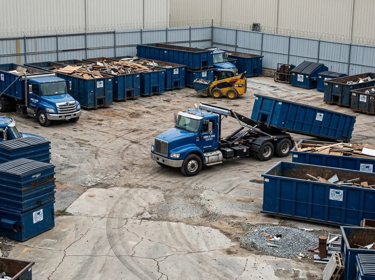 Our yard, our trucks Trucks staged at the Girne & Sons Dumpster Rental Gastonia yard on 110-128 Armstrong St in Gastonia, NC