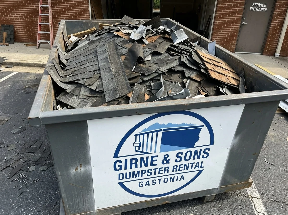 Debris disposal rules for a Gastonia dumpster rental Dumpster loaded with roofing debris for proper disposal in Gastonia, NC